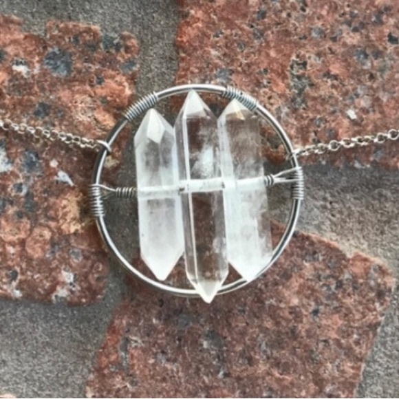 Crystal quartz necklace . 3 genuine crystal quartz double point boho gem silver - Picture 7 of 10